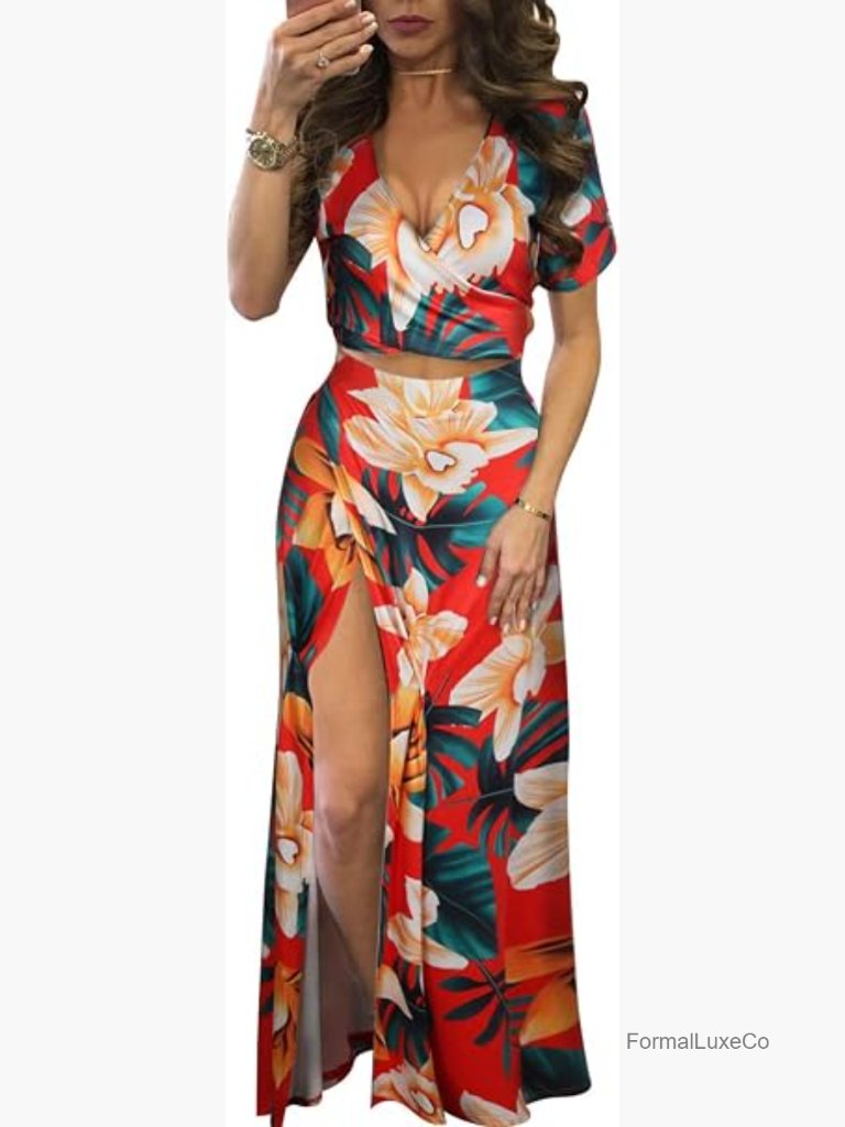 Sexy 2 Piece Outfit V Neck Crop Top High Split Maxi Skirt Set
